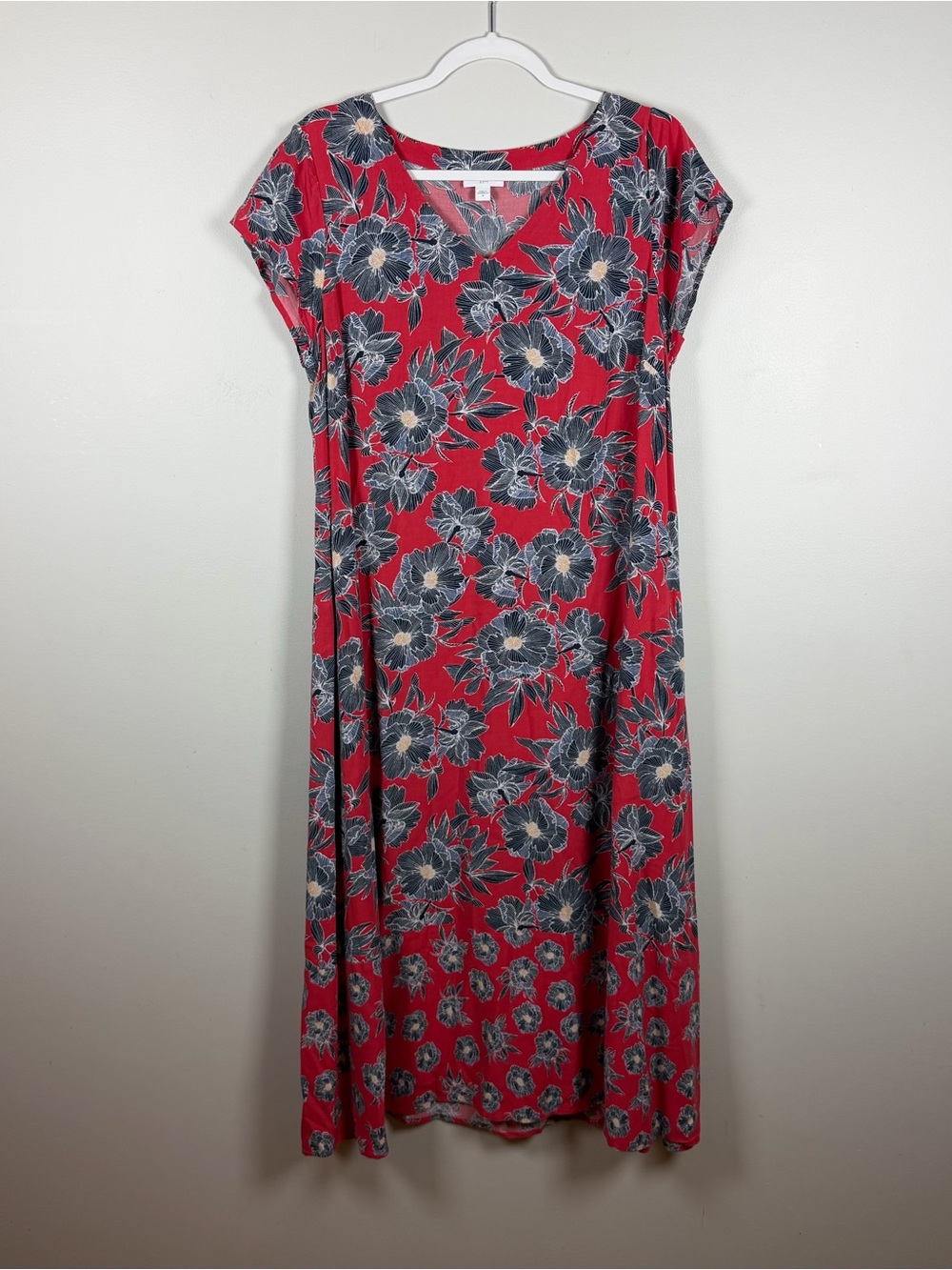 J Jill Red Blue Floral Maxi Dress Cottagecore Boho Hippie Western Rayon Medium